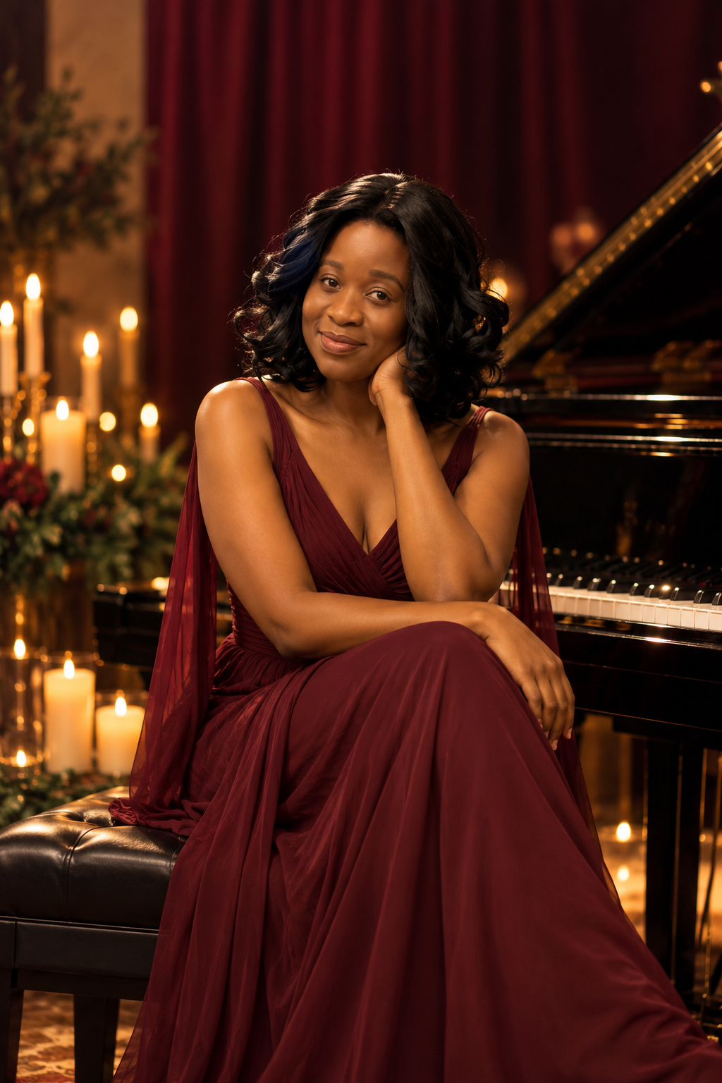 N’Akua in a burgundy gown beside a grand piano
